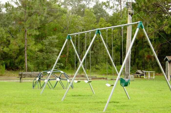 Swingset in a lush green park 